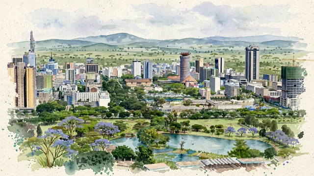 Watercolour of Nairobi, Kenya. The "Green City in the Sun", with Kenyatta International Convention Centre and Uhuru Park.