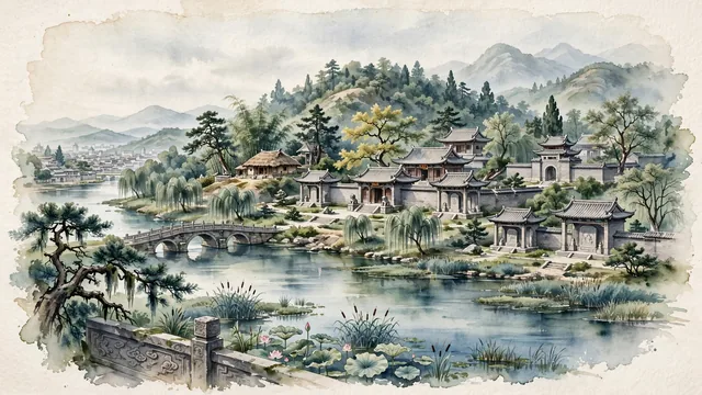 Watercolour of Nanyang, China. Centered around Wolonggang (Wuhou Shrine) with classical memorial halls, Baihe River wetlands, and Han Dynasty stone relief pavilions. Featuring Wolonggang Wuhou Shrine and Bai River.