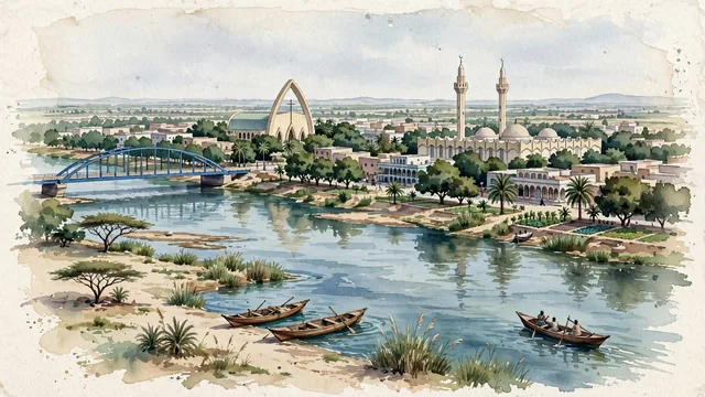 Watercolour of N'Djamena, Chad. The Sahelian river capital, with Grand Mosque of N'Djamena and Notre-Dame Cathedral of N'Djamena.