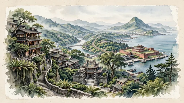 Watercolour of New Taipei City, Taiwan. Centered around Jiufen historic hillside teahouses overlooking the misty Pacific Ocean, Tamsui River estuary, and Sanxia Zushi Temple, with Jiufen and Keelung Mountain.