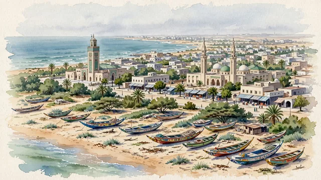 Watercolour of Nouakchott, Mauritania. The Atlantic desert capital, with Saudi Mosque and Grand National Mosque.
