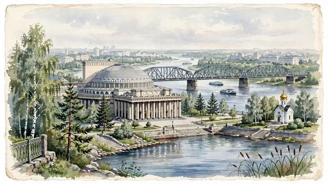 Watercolour of Novosibirsk, Russia. Centered around Novosibirsk Opera and Ballet Theatre, the historic railway bridge across the Ob River, and St. Nicholas Chapel, with Novosibirsk Opera and Ballet Theatre and First Railway Bridge.