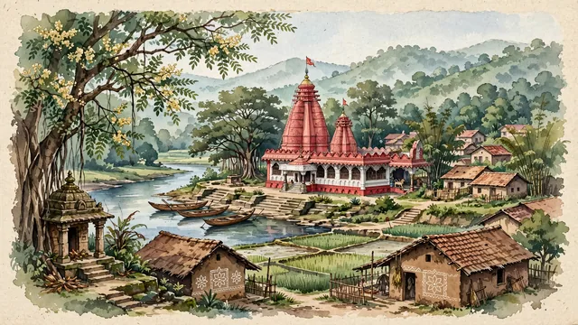 Watercolour of Nowrangapur, India. Centered around Maa Bhandargharani Temple, the Indravati River basin with traditional wooden boats, and tribal village courtyards set against the Eastern Ghats. Featuring Maa Bhandargharani Temple and Indravati River.