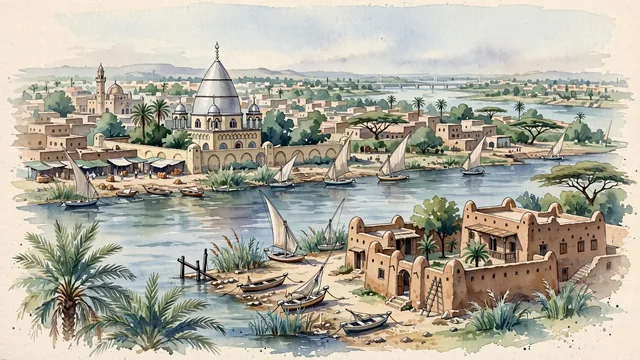 Watercolour of Omdurman, Sudan. Centered around Tomb of the Mahdi with its silver dome, the Nile confluence, and historic adobe courtyards of the Khalifa House. Featuring Tomb of the Mahdi and Khalifa House Museum.