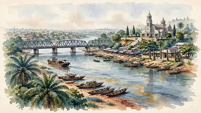 Watercolour of Onitsha, Nigeria. Centered around The River Niger Bridge spanning the waters, the Basilica of the Most Holy Trinity, and the vibrant riverfront market shores, with River Niger Bridge and Basilica of the Most Holy Trinity.