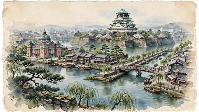 Watercolour of Osaka, Japan. Centered around Osaka Castle with green copper eaves and golden tigers, Dotonbori canal, and Nakanoshima riverfront. Featuring Osaka Castle and Dotonbori.