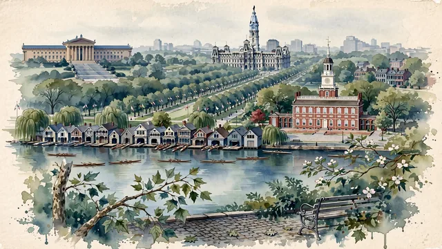 Watercolour of Philadelphia, United States. Centered around Independence Hall with its Georgian red-brick tower, Boathouse Row on the Schuylkill River, and the Benjamin Franklin Parkway. Featuring Independence Hall and Boathouse Row.