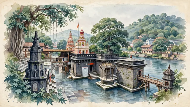 Watercolour of Pimpri, India. Centered around Moraya Gosavi Temple on the Pavana River, historic stone bathing ghats, and Durga Tekdi park, with Moraya Gosavi Ganpati Temple and Pavana River.