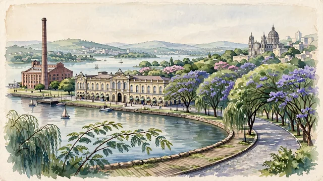 Watercolour of Porto Alegre, Brazil. Centered around Usina do Gasômetro on the Guaíba waterfront, Mercado Público, and the green tunnels of jacarandá trees, with Usina do Gasômetro and Mercado Público de Porto Alegre.