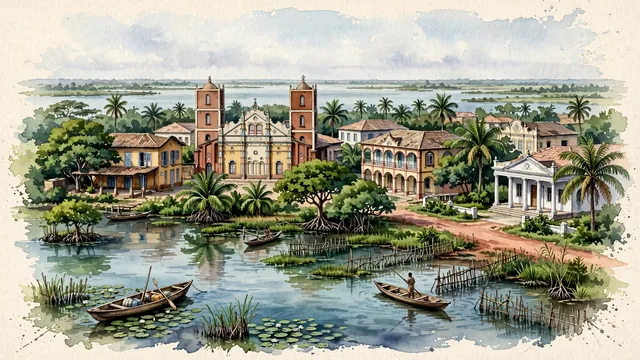 Watercolour of Porto-Novo, Benin. The historic royal capital of Hogbonu on the coastal lagoon, with Grand Mosque of Porto-Novo and Musée Da Silva.