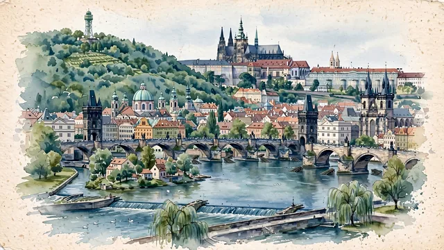 Watercolour of Prague, Czech Republic. The "City of a Hundred Spires", with Prague Castle and Charles Bridge.