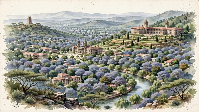 Watercolour of Pretoria, South Africa. The historic "Jacaranda City" and executive capital, with Sir Herbert Baker and Church Square.