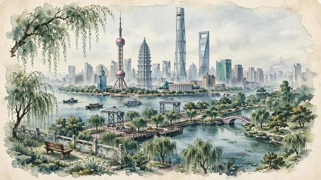 Watercolour of Pudong, China. Centered around Lujiazui iconic skyline across the Huangpu River, Century Park lakes, and the Binjiang riverside promenade, with the world-famous Lujiazui architectural ensemble and Pudong Binjiang Riverside Promenade.