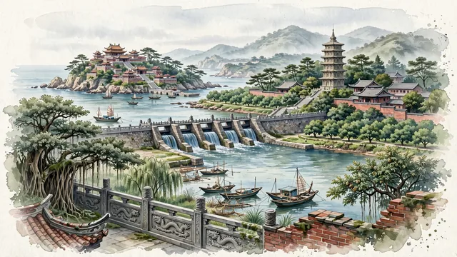 Watercolour of Putian, China. Centered around Mazu Temple on Meizhou Island, the ancient Mulanbei Reservoir weir, and Guanghua Temple's Shakyamuni Pagoda, with Mazu Temple and Northern Song Dynasty.