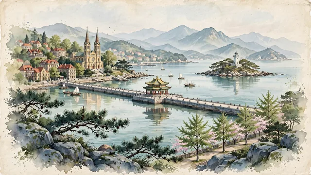 Watercolour of Qingdao, China. Centered around Zhanqiao Pier with the Huilan Pavilion extending into Jiaozhou Bay, St. Emil's Catholic Church spires, and the red-roofed villas of Badaguan. Featuring Zhanqiao Pier and St. Emil's Catholic Church.