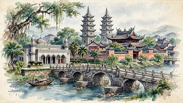 Watercolour of Quanzhou, China. Centered around Kaiyuan Temple with the twin stone pagodas (Zhenguo and Renshou), Qingjing Mosque, and the ancient Luoyang Bridge. Featuring Kaiyuan Temple and Qingjing Mosque.