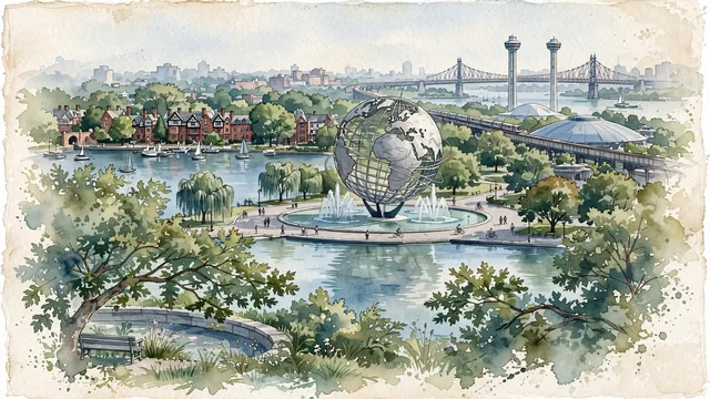 Watercolour of Queens, United States. Centered around Flushing Meadows Corona Park with the Unisphere, Flushing Bay marina, and historic brick row houses under tree canopies. Featuring New York World's Fair and New York State Pavilion.
