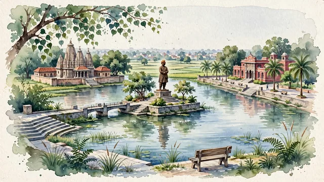 Watercolour of Raipur, India. Centered around Vivekananda Sarovar (Budha Talab) with its colossal statue, historic Dudhadhari Temple, and the serene Telibandha Lake. Featuring Vivekananda Sarovar and Dudhadhari Math.