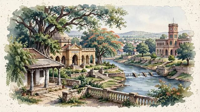 Watercolour of Rājkot, India. Centered around The historic Watson Museum on Jubilee Garden, Kaba Gandhi No Delo (Mahatma Gandhi's childhood home), and the Aji River, with Watson Museum and Kaba Gandhi No Delo.