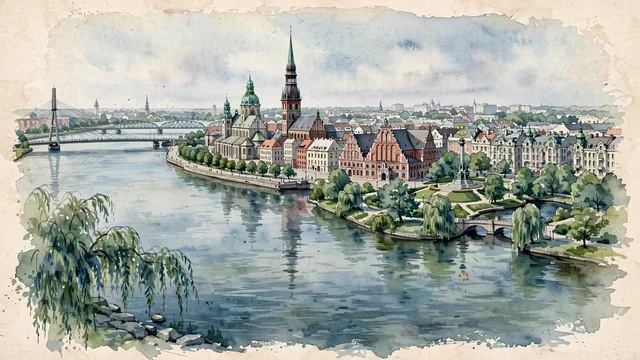 Watercolour of Riga, Latvia. The historic Hanseatic jewel of the Baltic, with St. Peter's Church and Gothic Riga Cathedral.