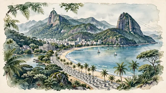 Watercolour of Rio de Janeiro, Brazil. Centered around Christ the Redeemer atop Corcovado, Sugarloaf Mountain (Pão de Açúcar) over Guanabara Bay, and the curving sands of Copacabana, with Christ the Redeemer and Sugarloaf Mountain.