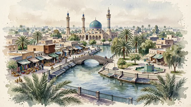 Watercolour of Sadr City, Iraq. Centered around The landmark blue-tiled dome and minarets of the Grand Sadr Mosque, Al-Dakhil and Muradi market streets, and peaceful canal parkways, with Grand Sadr Mosque and Souq Al-Ula and Souq Mredi.