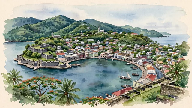Watercolour of Saint George's, Grenada. Widely considered the most picturesque harbor capital in the Caribbean, with Carenage and Fort George.