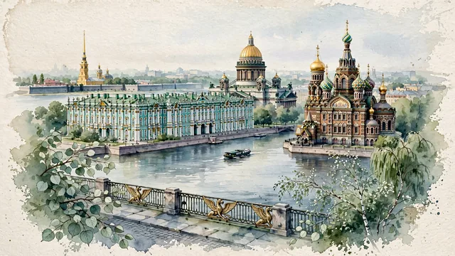 Watercolour of Saint Petersburg, Russia. Centered around The Winter Palace (Hermitage) on the Neva River, Church of the Savior on Spilled Blood, and St. Isaac's Cathedral dome, with Winter Palace and Church of the Savior.
