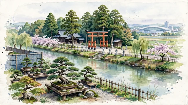 Watercolour of Saitama, Japan. Centered around Hikawa Shrine's vermilion torii gate and ancient cedar approach, Omiya Bonsai Village gardens, and the Minuma canal, with Musashi Ichinomiya Hikawa Shrine and Omiya Bonsai Village.