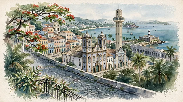 Watercolour of Salvador, Brazil. Centered around Pelourinho colonial cobblestone square with pastel baroque mansions, Elevador Lacerda, and the church of São Francisco. Featuring UNESCO World Heritage and Church and Convent of São Francisco.