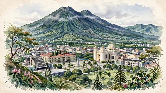 Watercolour of San Salvador, El Salvador. The volcanic capital in the "Valley of the Hammocks", with San Salvador Volcano and Metropolitan Cathedral of the Holy Savior.
