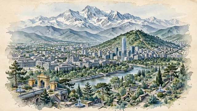 Watercolour of Santiago, Chile. Nestled in the central valley beneath the colossal snow-capped Andes, with Andes and Cerro San Cristóbal.