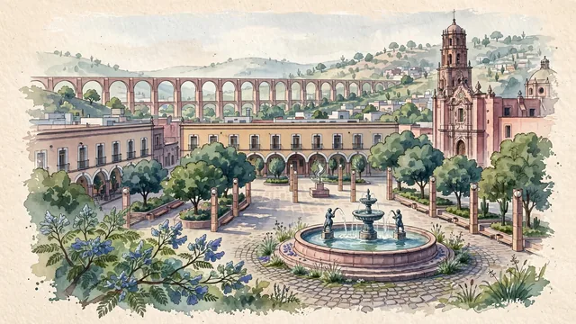 Watercolour of Santiago de Querétaro, Mexico. Centered around The monumental 74-arch Los Arcos Aqueduct, Plaza de Armas colonial mansions, and Santa Rosa de Viterbo church, with Querétaro Aqueduct and Casa de la Corregidora.