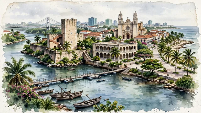 Watercolour of Santo Domingo, Dominican Republic. The oldest European colonial city in the Americas, with Catedral Primada de América and Plaza de España and the Ozama River.