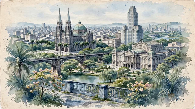 Watercolour of São Paulo, Brazil. Centered around The neo-Gothic Catedral da Sé, the historic Viaduto do Chá over Vale do Anhangabaú, and Altino Arantes building, with São Paulo Cathedral and Viaduto do Chá.