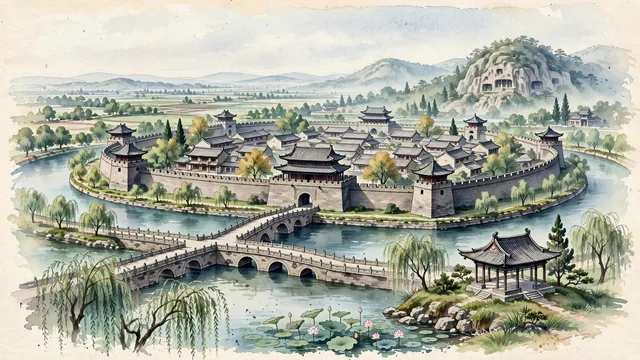 Watercolour of Shangqiu, China. Centered around Shangqiu Ancient City (Guidefu) with circular lake moat and brick walls, Yingtianshu Academy, and the Han Liang King tombs. Featuring Shangqiu Ancient City and Yingtian Academy.