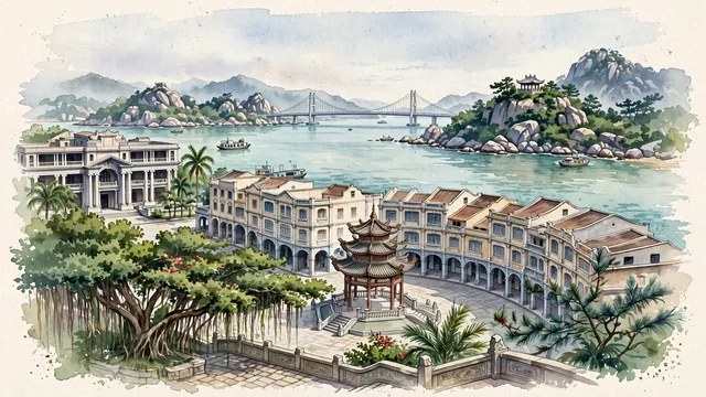 Watercolour of Shantou, China. Centered around Shantou Small Park (Xiaogongyuan) arcade rotunda, Queshi Scenic Area granite hills overlooking the bay, and the Queshi Bridge, with Xiaogongyuan and Queshi Scenic Area.