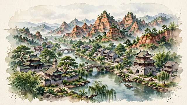 Watercolour of Shaoguan, China. Centered around Mount Danxia red sandstone cliff towers, the historic Fengcai Tower, and the confluence of the Zhen and Wu rivers, with UNESCO Mount Danxia and Fengcai Tower.