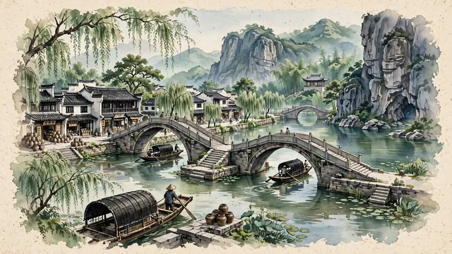 Watercolour of Shaoxing, China. Centered around Lu Xun Native Place along the canal with black-awning boats (wupengchuan), Bazi Bridge, and East Lake (Donghu). Featuring Lu Xun Native Place and CE Bazi Bridge.