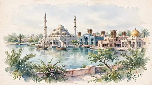 Watercolour of Sharjah, United Arab Emirates. Centered around Al Noor Mosque on Khalid Lagoon, the Blue Souk (Central Market) with Islamic tilework, and the historic Heart of Sharjah coral-stone quarter. Featuring Noor Mosque and Central Souk.