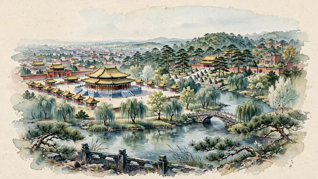 Watercolour of Shenyang, China. Centered around Shenyang Imperial Palace (Mukden Palace) with the octagonal Dazheng Hall, Zhaoling (Beiling) Tomb park, and the Hun River. Featuring UNESCO Shenyang Imperial Palace and UNESCO Qing Zhaoling Tomb.