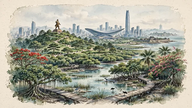 Watercolour of Shenzhen, China. Centered around Lianhuashan Park with Deng Xiaoping statue overlooking the Civic Center and Ping An Finance Centre, and Shenzhen Bay mangrove park. Featuring Lianhuashan Park and Ping An International Finance Centre.