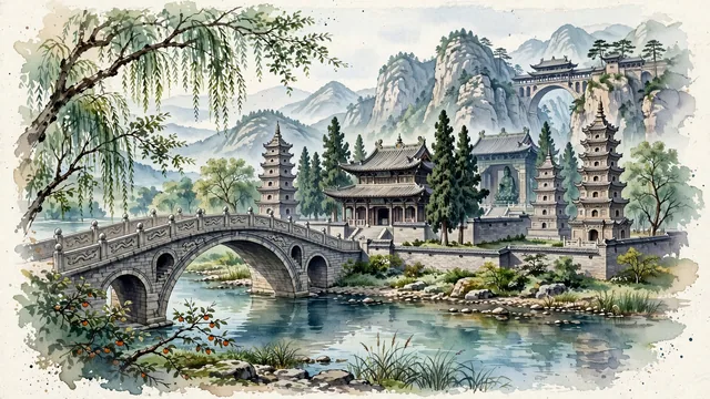 Watercolour of Shijiazhuang, China. Centered around The ancient stone Anji Bridge (Zhaozhou Bridge), Longxing Temple's Song Dynasty timber pavilions in Zhengding, and the Taihang Mountains, with Zhaozhou Bridge and Longxing Temple.
