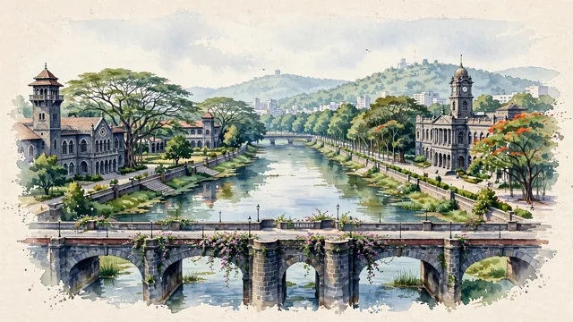 Watercolour of Shivaji Nagar, India. Centered around The historic neoclassical Bombay High Court Bench / District Court, modern and heritage boulevards near Fergusson College, and the Mutha River, with District Court and College of Engineering Pune.