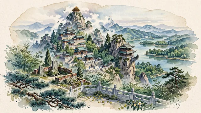Watercolour of Shiyan, China. Centered around Mount Wudang (Wudangshan) Golden Hall on Tianzhu Peak, the Purple Cloud Temple, and the Hanjiang River reservoir, with Tianzhu Peak and Purple Cloud Temple.