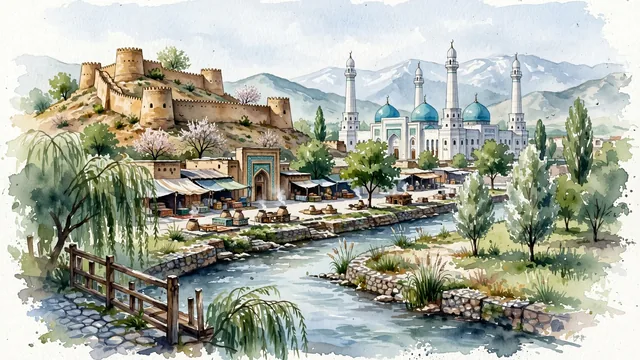 Watercolour of Shymkent, Kazakhstan. Centered around The ancient Citadel of Shymkent (Old Town mound), the turquoise domes of the Central Mosque, and the Koshkar-Ata River springs, with Citadel of Shymkent and Shymkent Central Mosque.