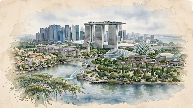 Watercolour of Singapore, Singapore. The "City in Nature" on the Straits of Malacca, with SkyPark of Marina Bay Sands and Boat Quay and Clarke Quay.