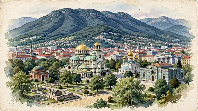 Watercolour of Sofia, Bulgaria. Situated in the Sofia Valley at the foot of Vitosha Mountain, with Saint Alexander Nevsky Cathedral and Church of St. George.