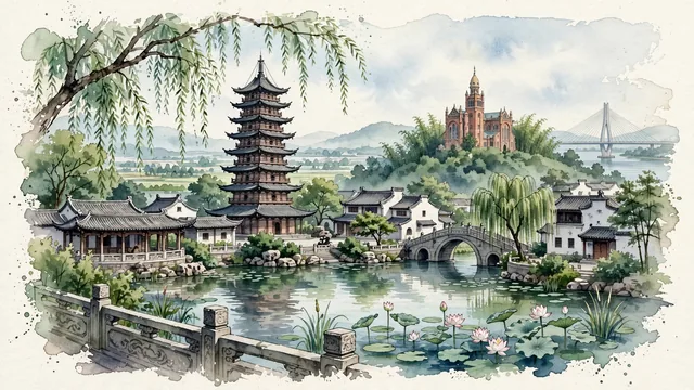 Watercolour of Songjiang, China. Centered around The ancient Square Pagoda (Fangta) in its tranquil park, Zuibaichi Garden, and the Sheshan Basilica on Mount She, with Square Pagoda and Zuibaichi Garden.