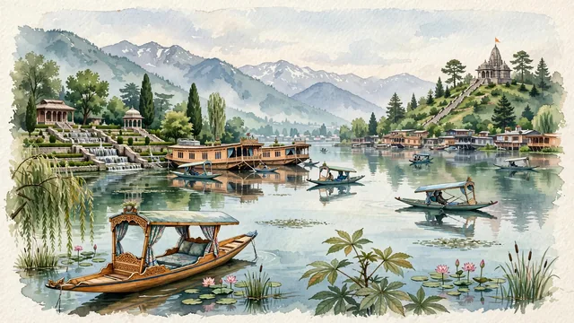 Watercolour of Srinagar, India. Centered around Dal Lake with traditional wooden shikaras and houseboats, Mughal gardens of Shalimar Bagh, and Shankaracharya Temple. Featuring Dal Lake and Nigeen Lake and UNESCO Mughal Gardens of Shalimar Bagh and Nishat Bagh.